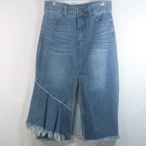 Luxe Moda Denim Distressed Frayed Hem Midi Skirt 12 - Picture 1 of 6